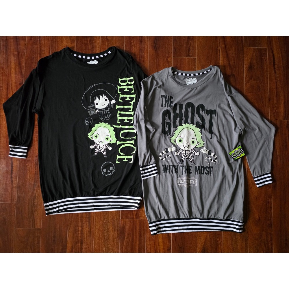 Beetlejuice Graphic Tunic Tops Black Grey Striped Long Sleeve Womens Small 4-6